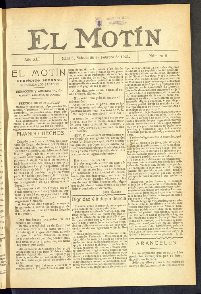 Miniatura de El Motín : periódico satírico semanal  del 26 de febrero de 1921, nº 9