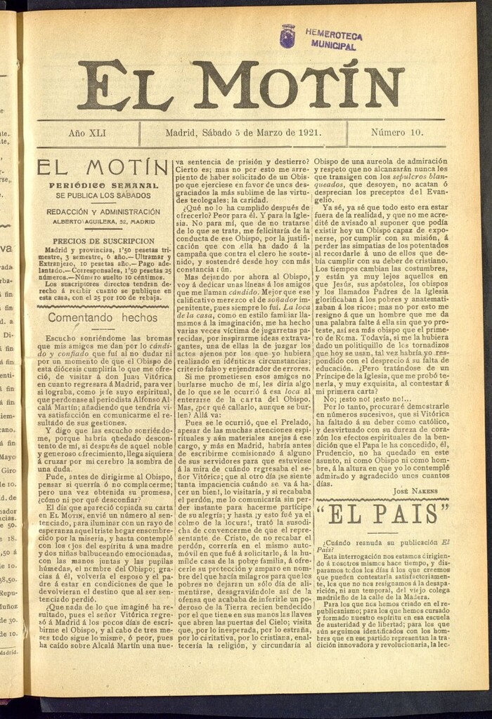 Miniatura de El Motín : periódico satírico semanal  del 5 de marzo de 1921, nº 10
