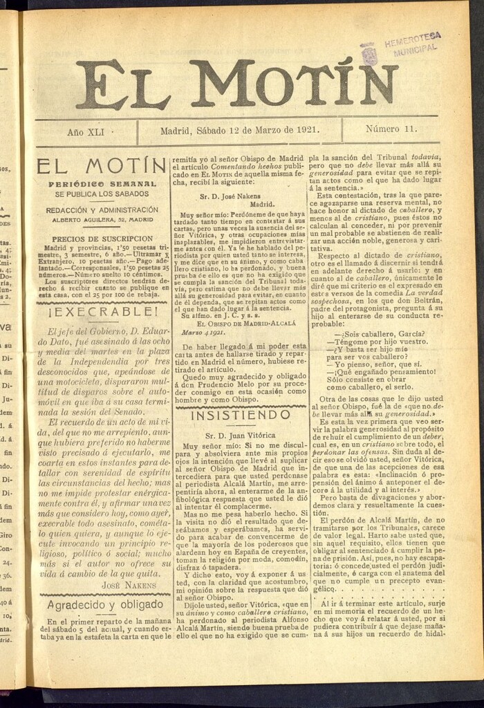 Miniatura de El Motín : periódico satírico semanal  del 12 de marzo de 1921, nº 11