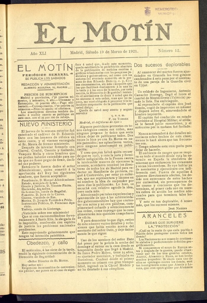 Miniatura de El Motín : periódico satírico semanal  del 19 de marzo de 1921, nº 12