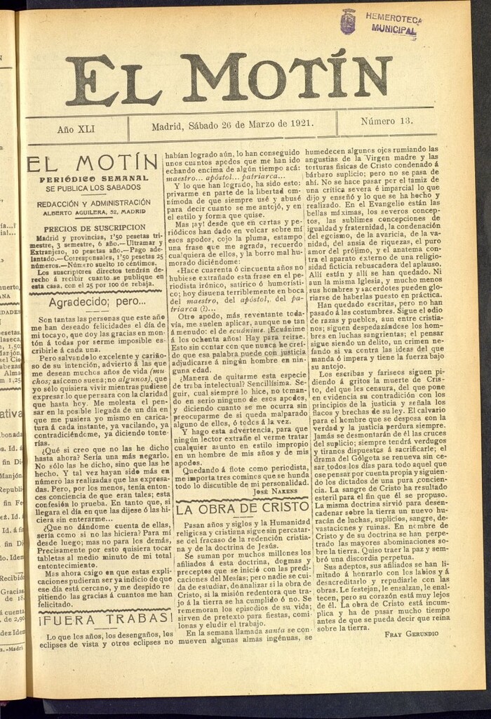 Miniatura de El Motín : periódico satírico semanal  del 26 de marzo de 1921, nº 13