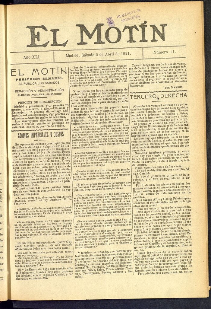 Miniatura de El Motín : periódico satírico semanal  del 2 de abril de 1921, nº 14