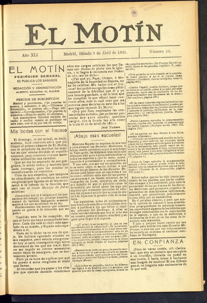 Miniatura de El Motín : periódico satírico semanal  del 9 de abril de 1921, nº 15
