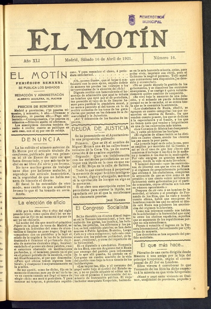 Miniatura de El Motín : periódico satírico semanal  del 16 de abril de 1921, nº 16