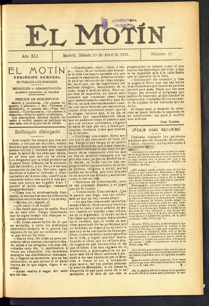 Miniatura de El Motín : periódico satírico semanal  del 23 de abril de 1921, nº 17
