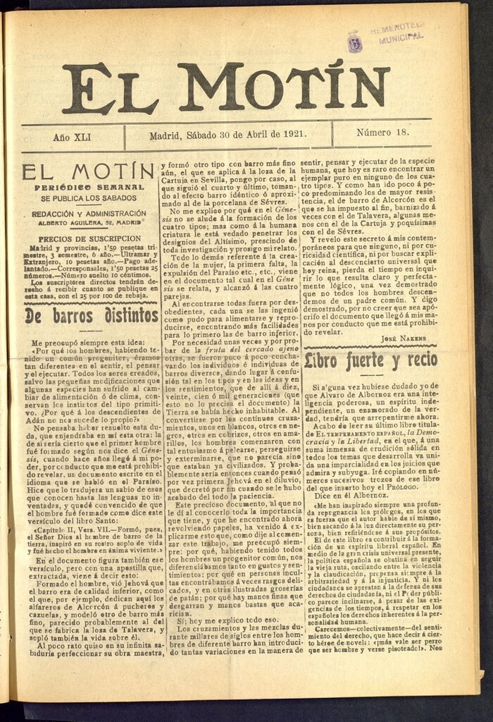 Miniatura de El Motín : periódico satírico semanal  del 30 de abril de 1921, nº 18