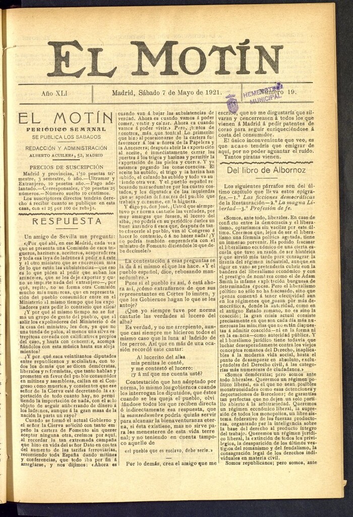 Miniatura de El Motín : periódico satírico semanal  del 7 de mayo de 1921, nº 19