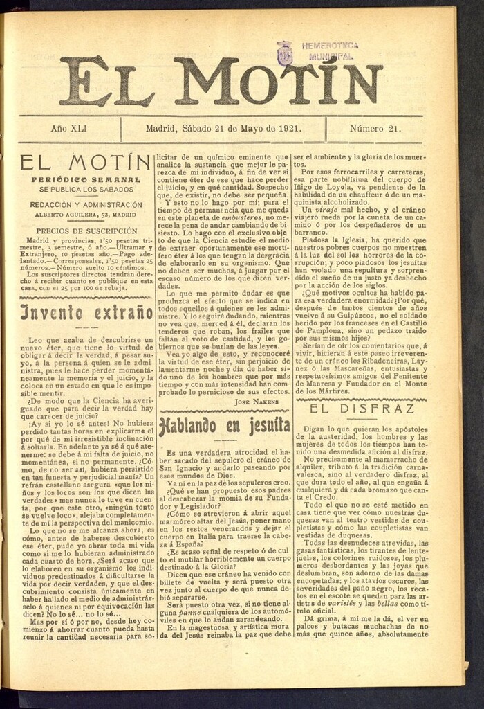 Miniatura de El Motín : periódico satírico semanal  del 21 de mayo de 1921, nº 21