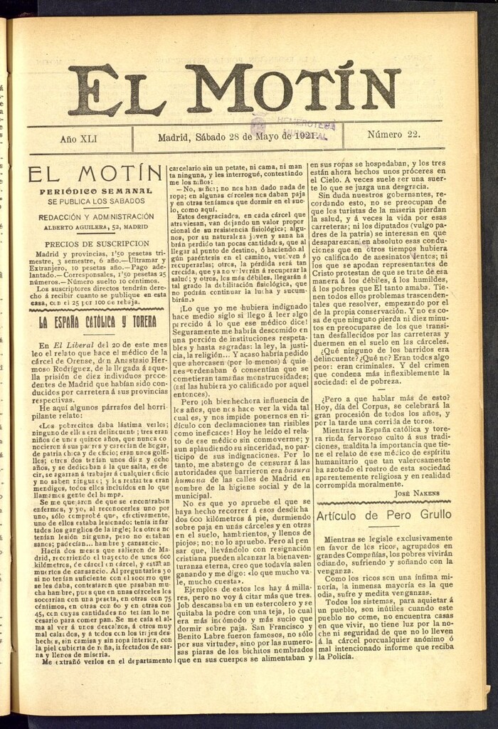 Miniatura de El Motín : periódico satírico semanal  del 28 de mayo de 1921, nº 22