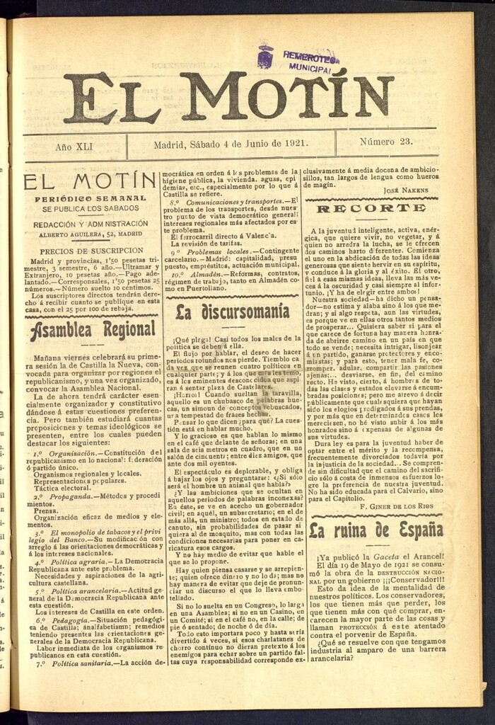 Miniatura de El Motín : periódico satírico semanal  del 4 de junio de 1921, nº 23
