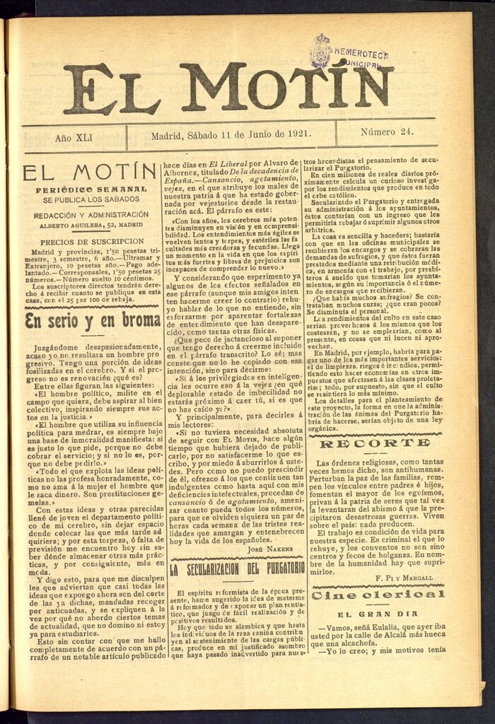 Miniatura de El Motín : periódico satírico semanal  del 11 de junio de 1921, nº 24