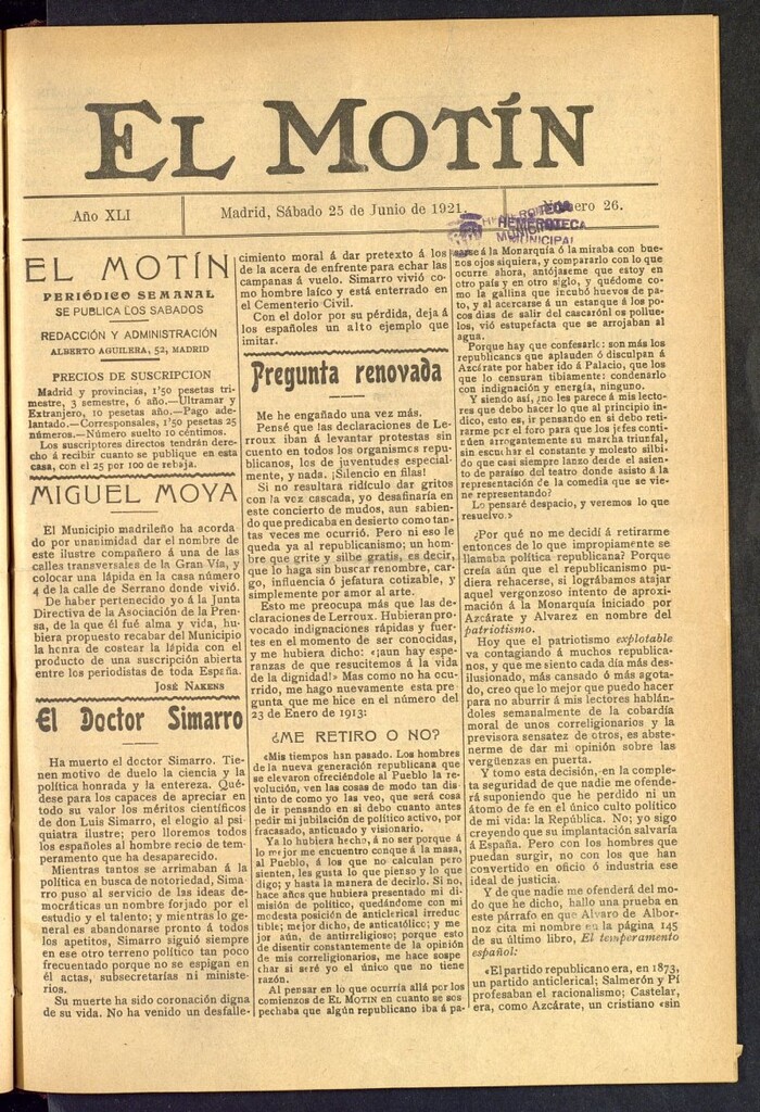 Miniatura de El Motín : periódico satírico semanal  del 25 de junio de 1921, nº 26