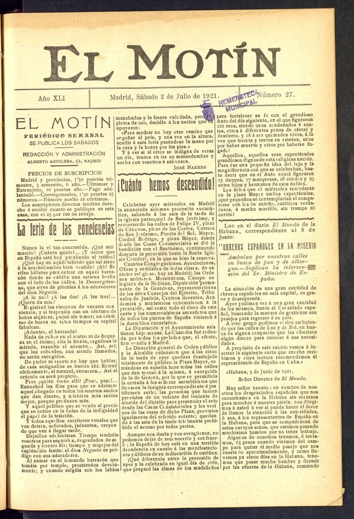 Miniatura de El Motín : periódico satírico semanal  del 2 de julio de 1921, nº 27