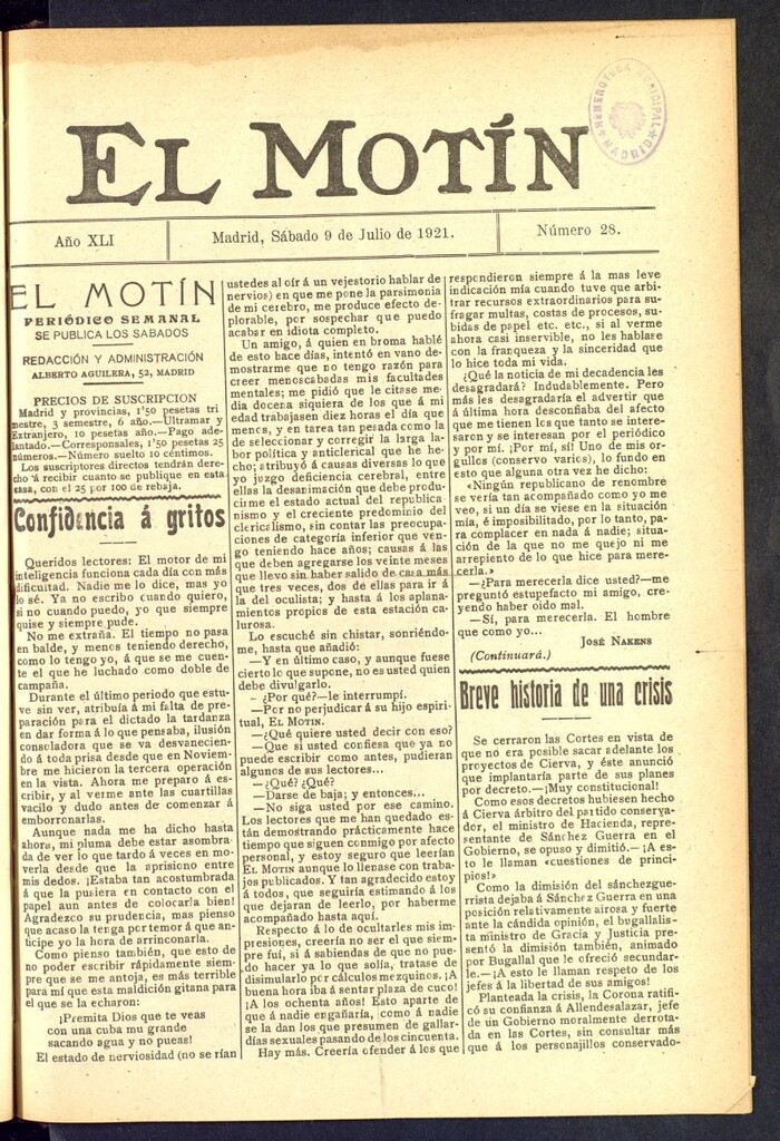 Miniatura de El Motín : periódico satírico semanal  del 9 de julio de 1921, nº 28