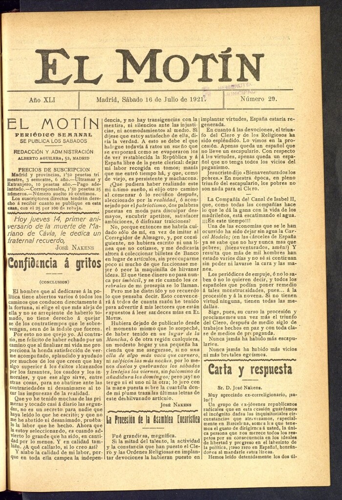 Miniatura de El Motín : periódico satírico semanal  del 16 de julio de 1921, nº 29