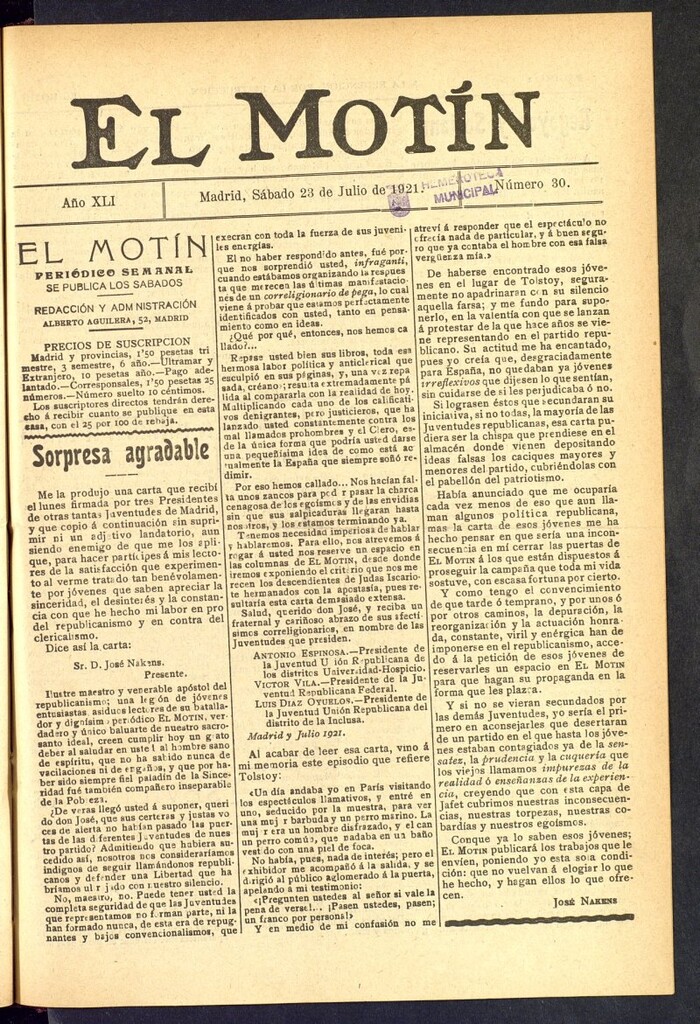 Miniatura de El Motín : periódico satírico semanal  del 23 de julio de 1921, nº 30