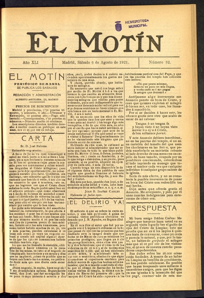 Miniatura de El Motín : periódico satírico semanal  del 6 de agosto de 1921, nº 32