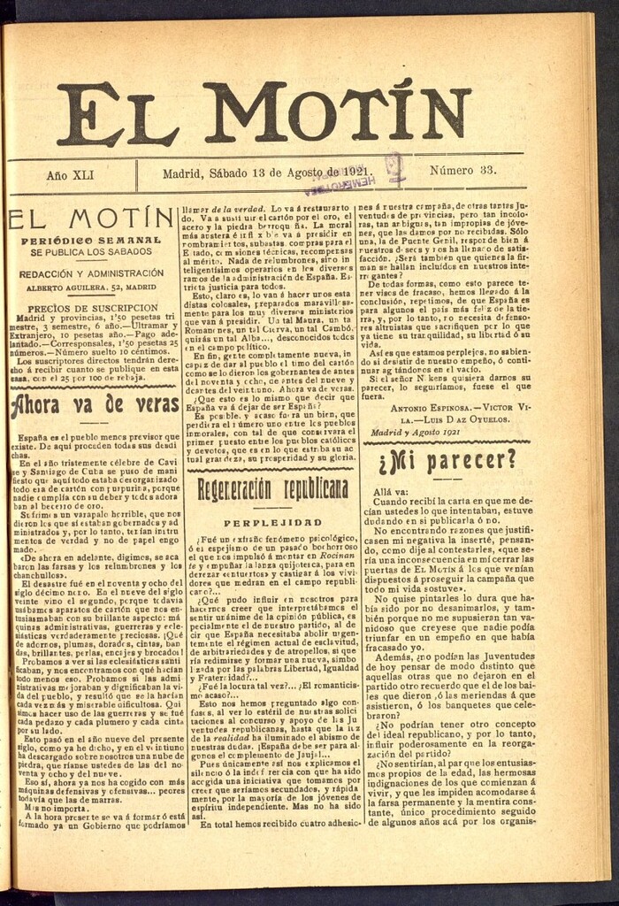 Miniatura de El Motín : periódico satírico semanal  del 13 de agosto de 1921, nº 33