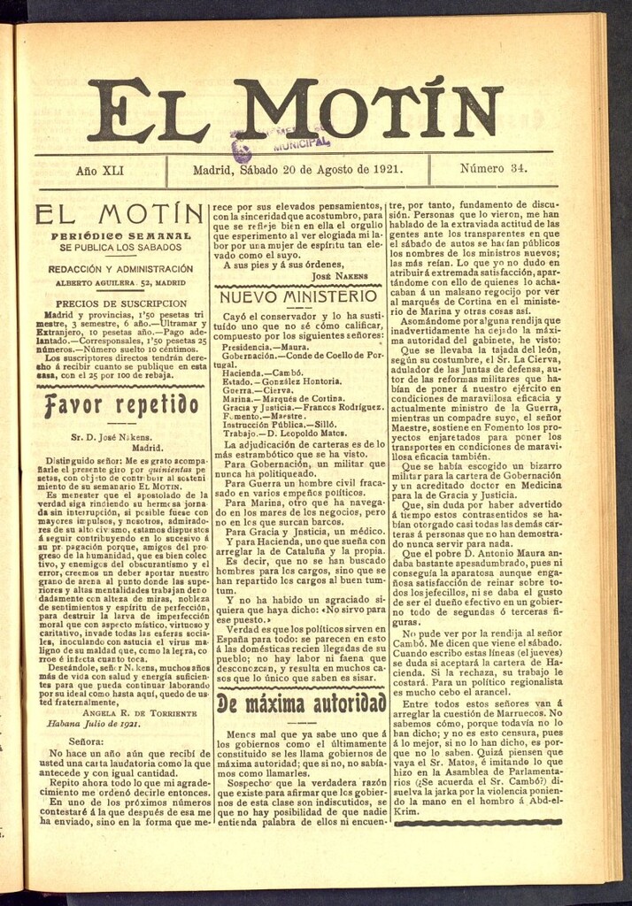 Miniatura de El Motín : periódico satírico semanal  del 20 de agosto de 1921, nº 34