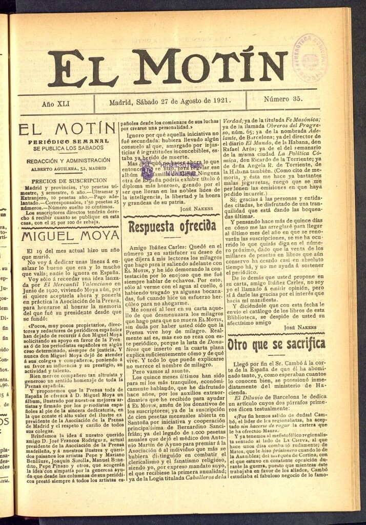 Miniatura de El Motín : periódico satírico semanal  del 27 de agosto de 1921, nº 35