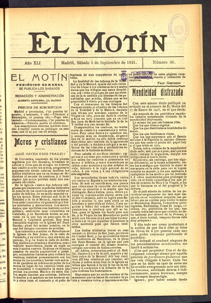 Miniatura de El Motín : periódico satírico semanal  del 3 de septiembre de 1921, nº 36