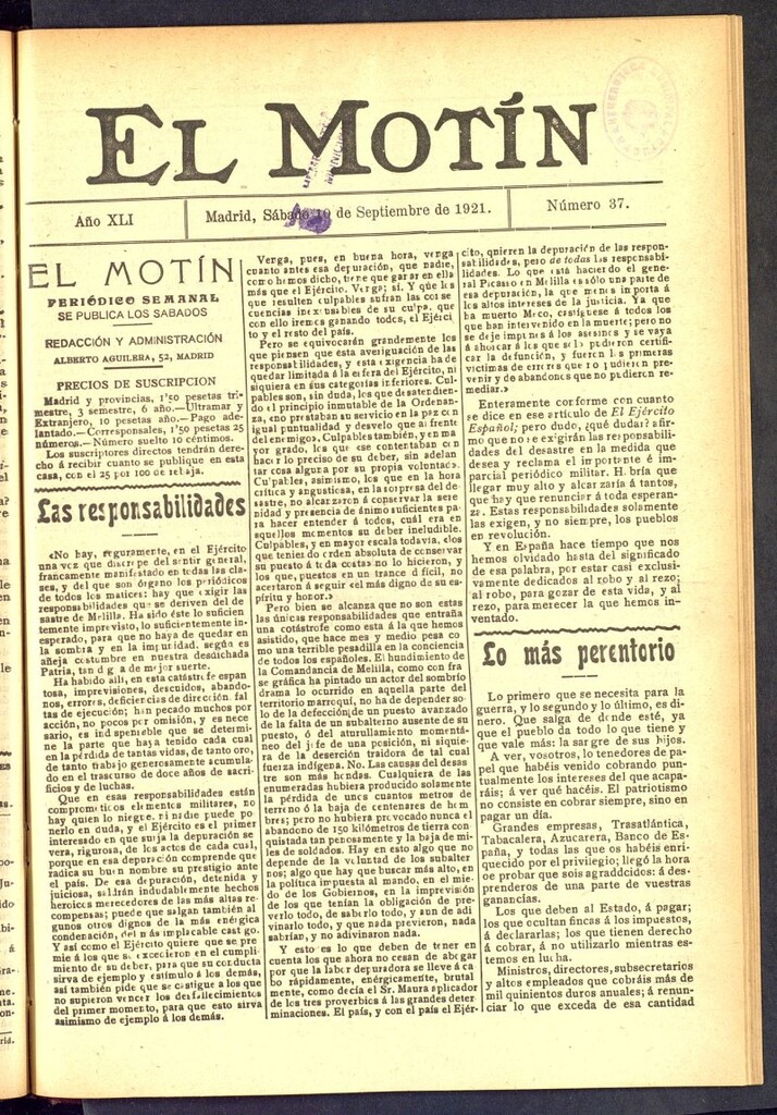 Miniatura de El Motín : periódico satírico semanal  del 10 de septiembre de 1921, nº 37