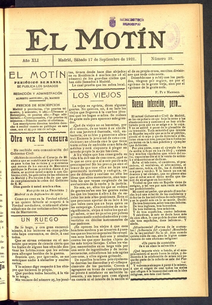 Miniatura de El Motín : periódico satírico semanal  del 17 de septiembre de 1921, nº 38