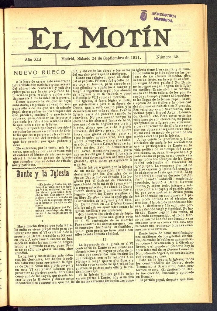 Miniatura de El Motín : periódico satírico semanal  del 24 de septiembre de 1921, nº 39