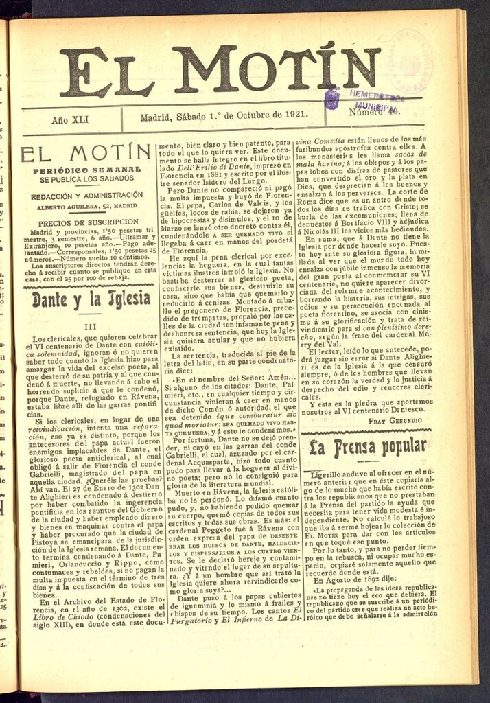 Miniatura de El Motín : periódico satírico semanal  del 1 de octubre de 1921, nº 40