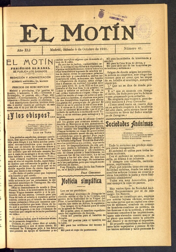 Miniatura de El Motín : periódico satírico semanal  del 8 de octubre de 1921, nº 41