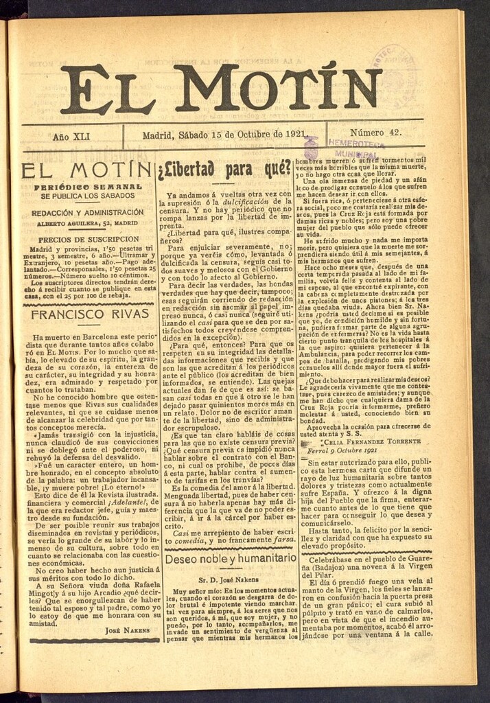 Miniatura de El Motín : periódico satírico semanal  del 15 de octubre de 1921, nº 42