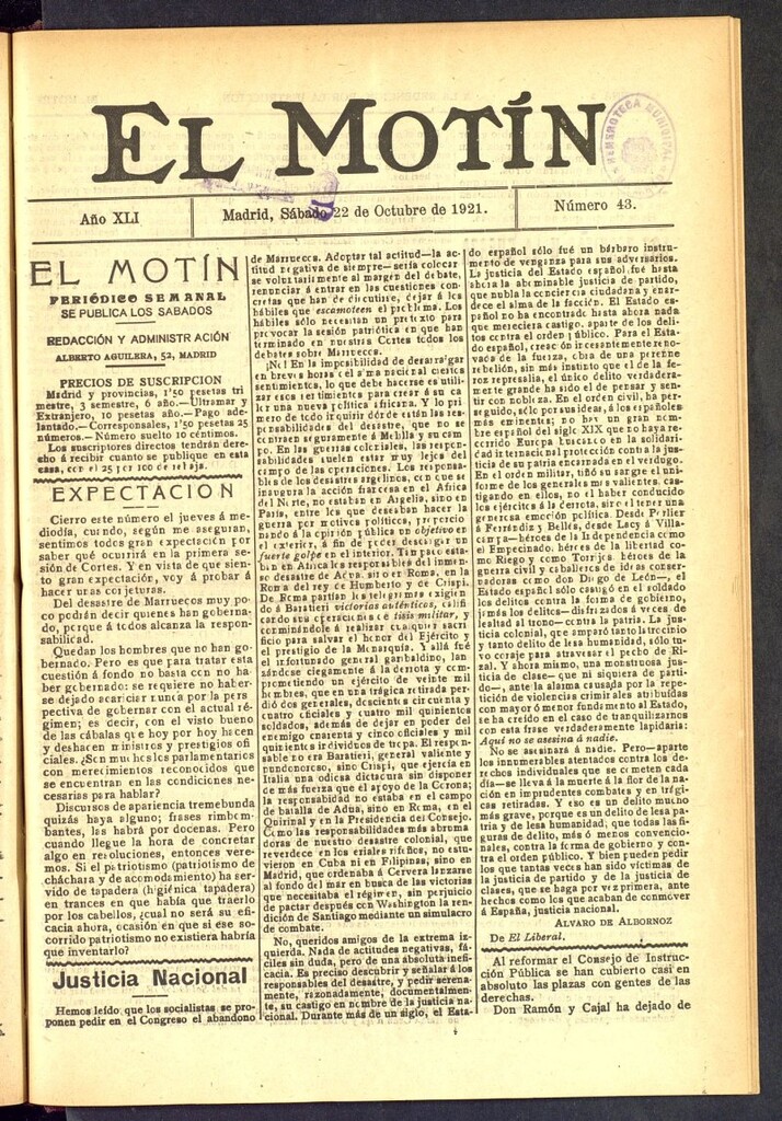 Miniatura de El Motín : periódico satírico semanal  del 22 de octubre de 1921, nº 43