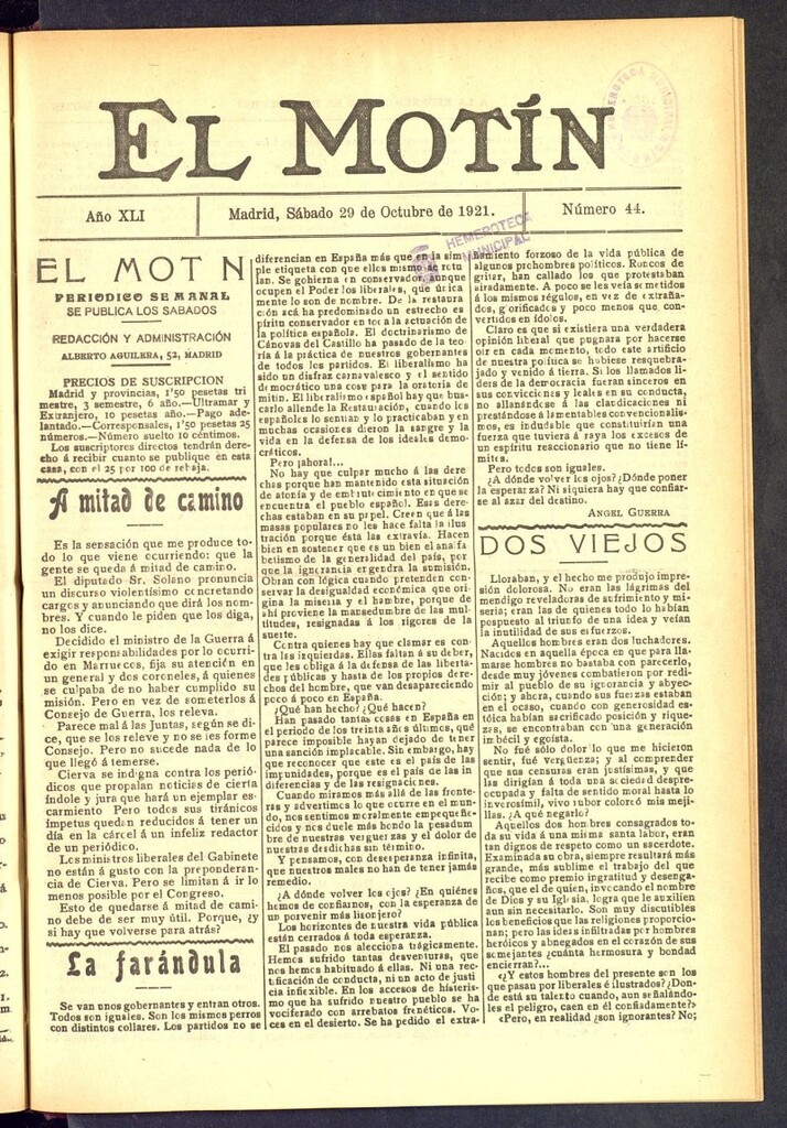 Miniatura de El Motín : periódico satírico semanal  del 29 de octubre de 1921, nº 44