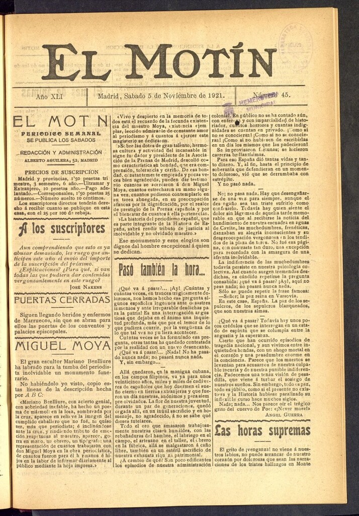 Miniatura de El Motín : periódico satírico semanal  del 5 de noviembre de 1921, nº 45