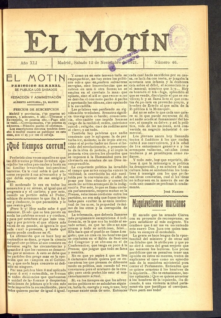 Miniatura de El Motín : periódico satírico semanal  del 12 de noviembre de 1921, nº 46