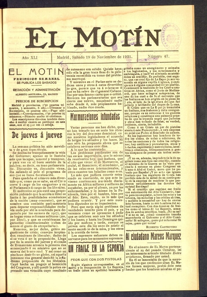 Miniatura de El Motín : periódico satírico semanal  del 19 de noviembre de 1921, nº 47