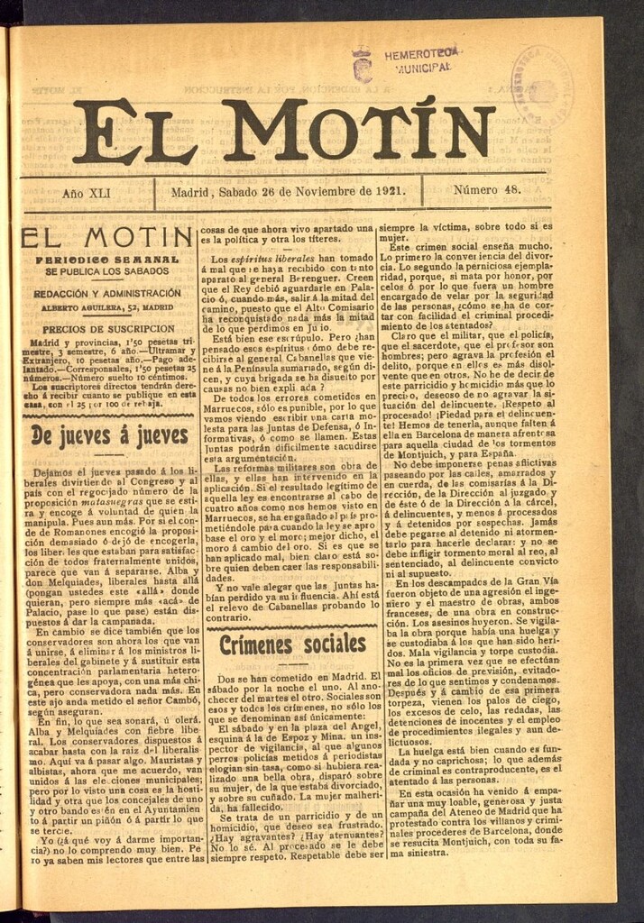 Miniatura de El Motín : periódico satírico semanal  del 26 de noviembre de 1921, nº 48