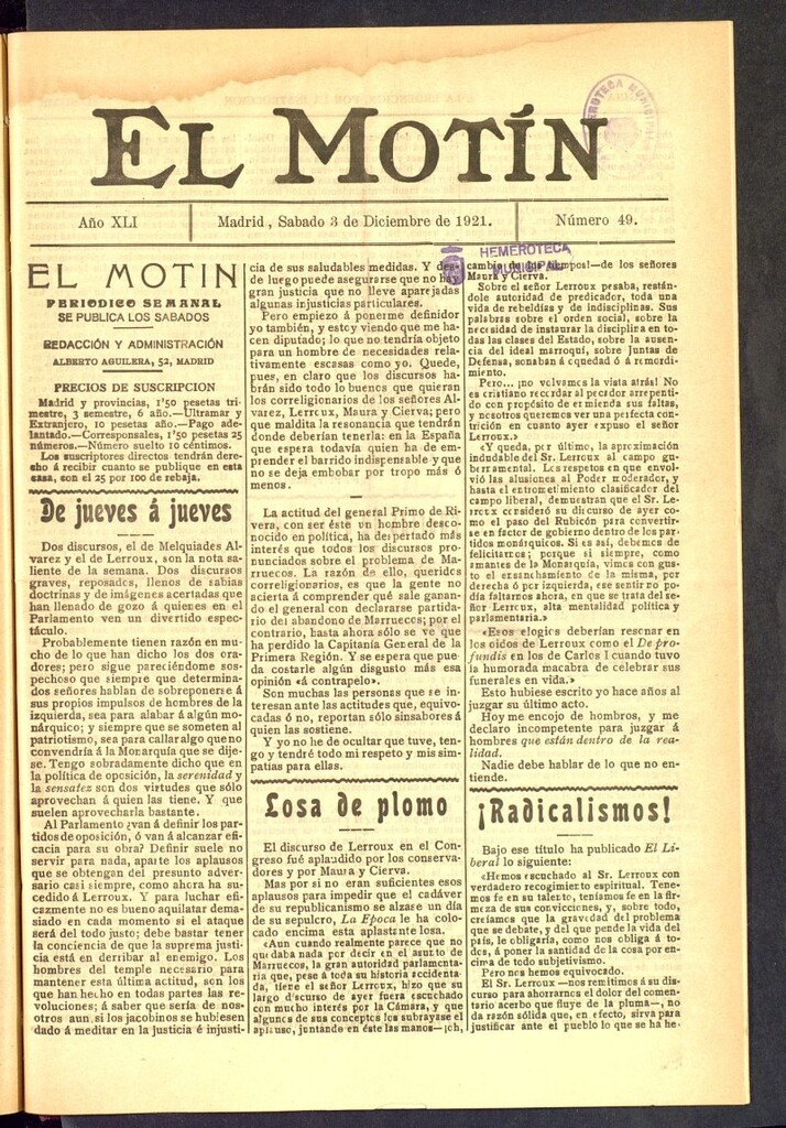Miniatura de El Motín : periódico satírico semanal  del 3 de diciembre de 1921, nº 49