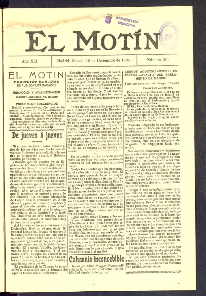 Miniatura de El Motín : periódico satírico semanal  del 10 de diciembre de 1921, nº 50