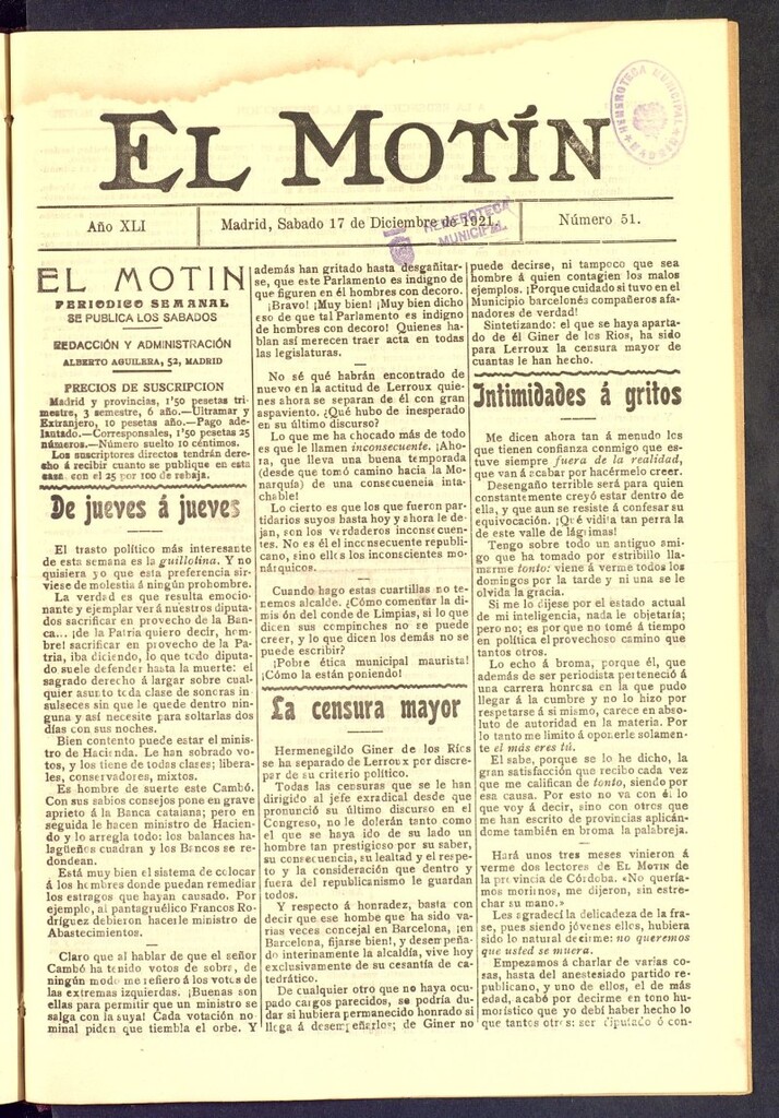 Miniatura de El Motín : periódico satírico semanal  del 17 de diciembre de 1921, nº 51