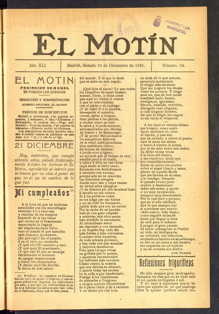 Miniatura de El Motín : periódico satírico semanal  del 24 de diciembre de 1921, nº 52