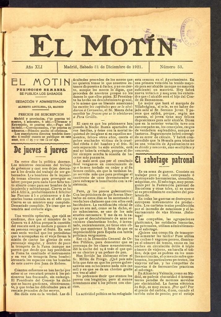 Miniatura de El Motín : periódico satírico semanal  del 31 de diciembre de 1921, Nº 53