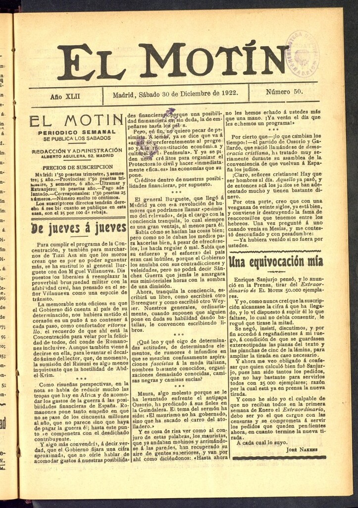 Miniatura de El Motín : periódico satírico semanal del 30 de diciembre de 1922, nº 50