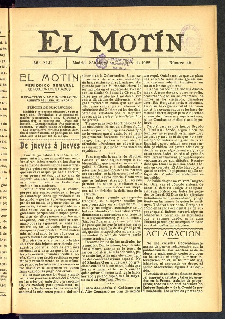 Miniatura de El Motín : periódico satírico semanal del 23 de diciembre de 1922, nº 49
