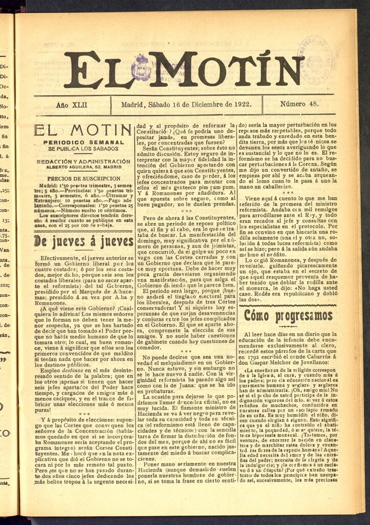 Miniatura de El Motín : periódico satírico semanal del 16 de diciembre de 1922, nº 48