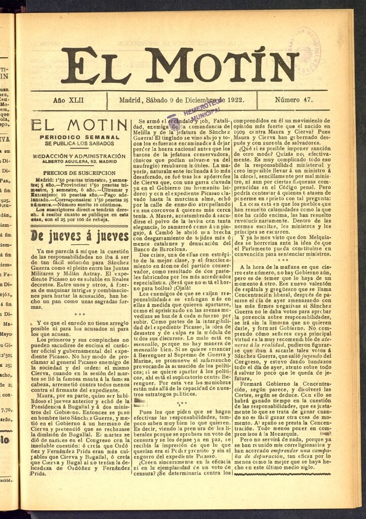 Miniatura de El Motín : periódico satírico semanal del 9 de diciembre de 1922, nº 47