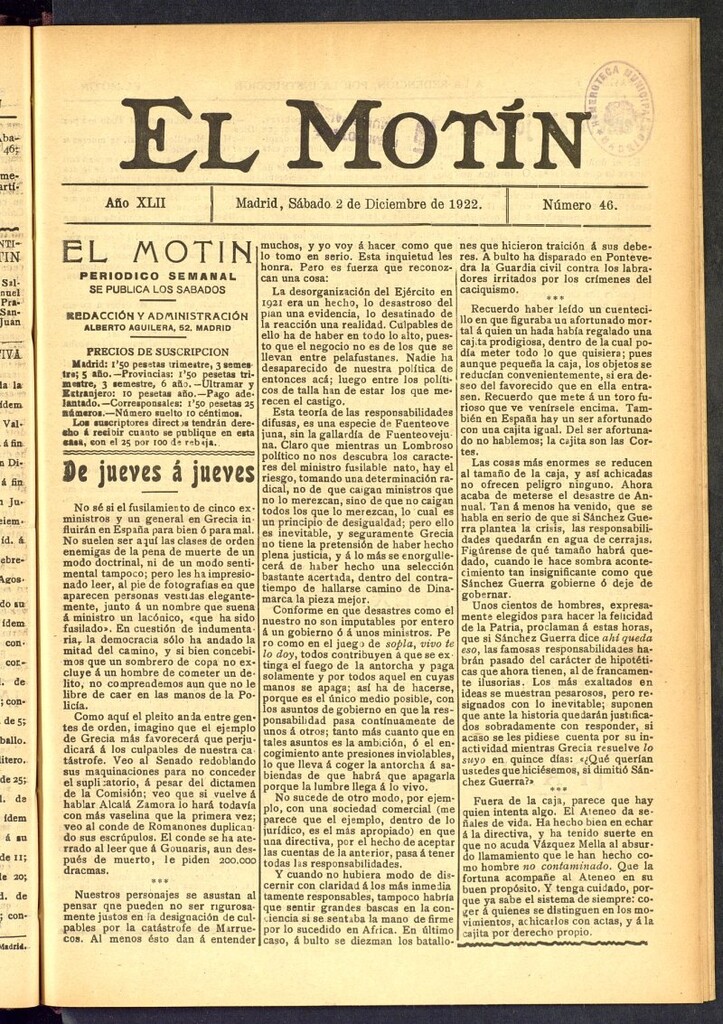 Miniatura de El Motín : periódico satírico semanal del 2 de diciembre de 1922, nº 46