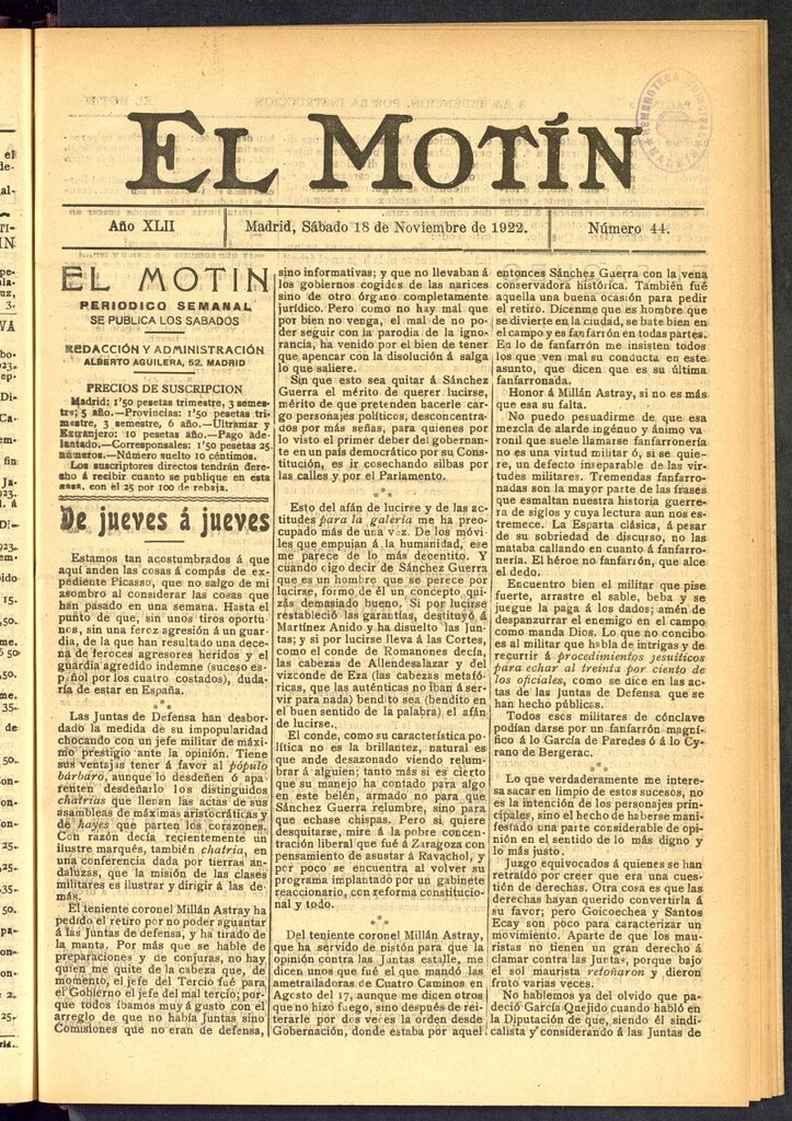 Miniatura de El Motín : periódico satírico semanal del 18 de noviembre de 1922, nº 44