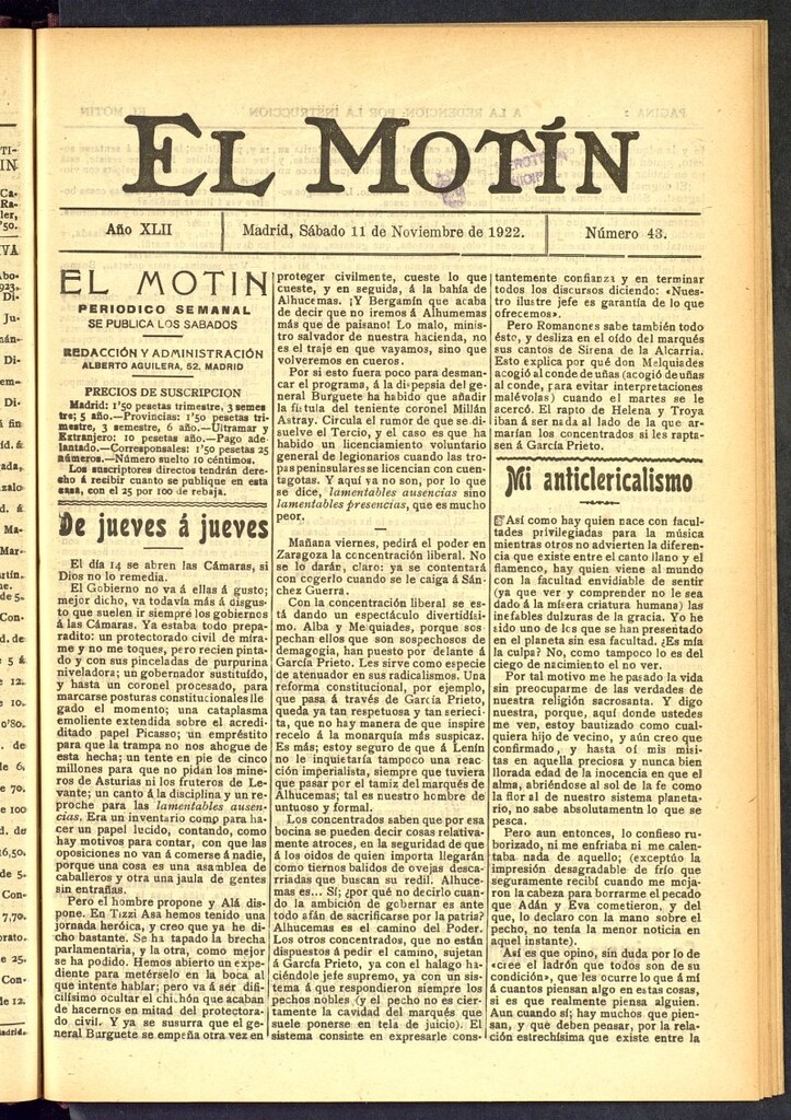 Miniatura de El Motín : periódico satírico semanal del 11 de noviembre de 1922, nº 43