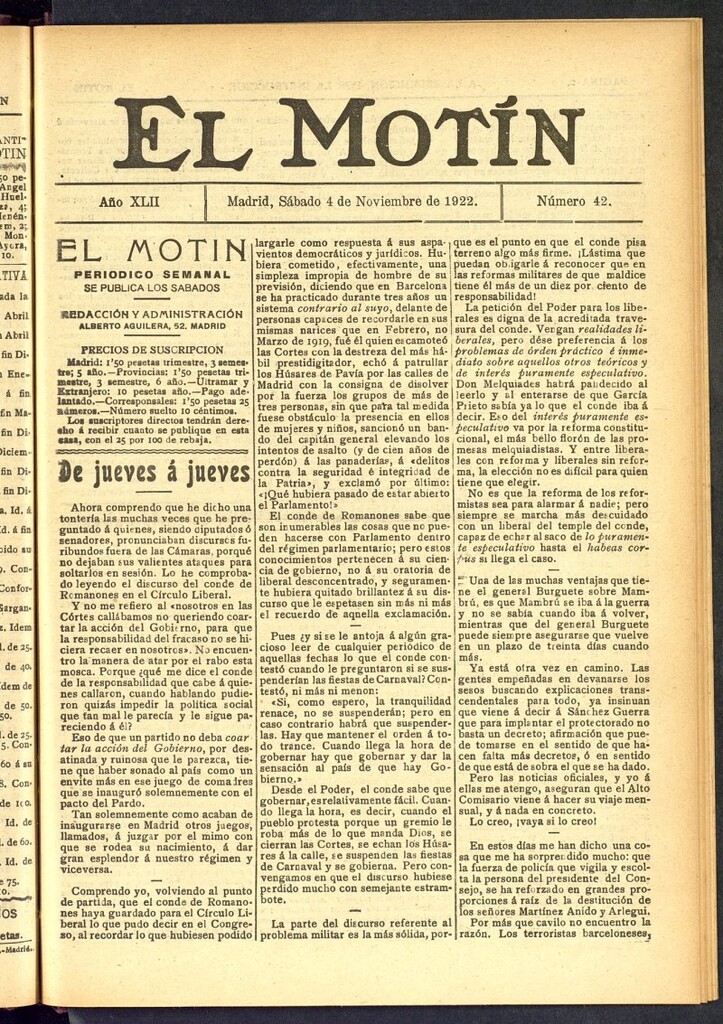 Miniatura de El Motín : periódico satírico semanal del 4 de noviembre de 1922, nº 42